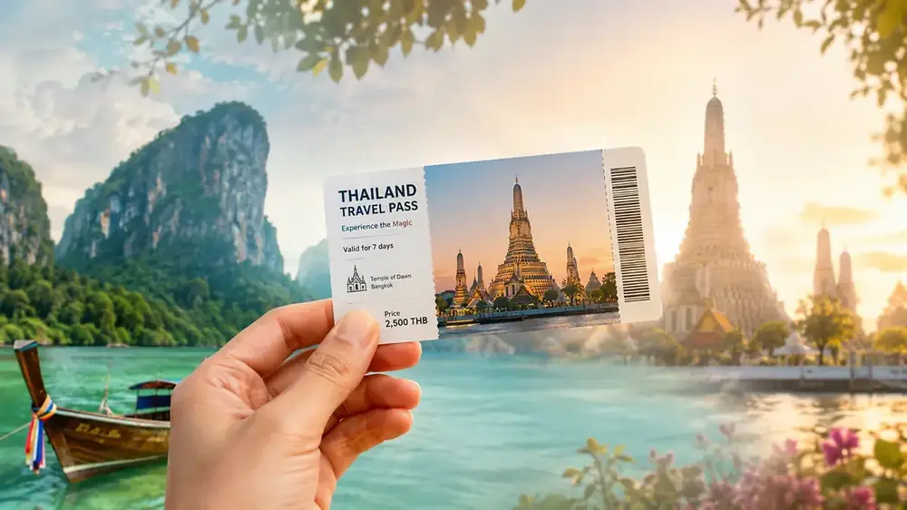 Thailand travel pass ticket held up in front of Wat Arun, Bangkok