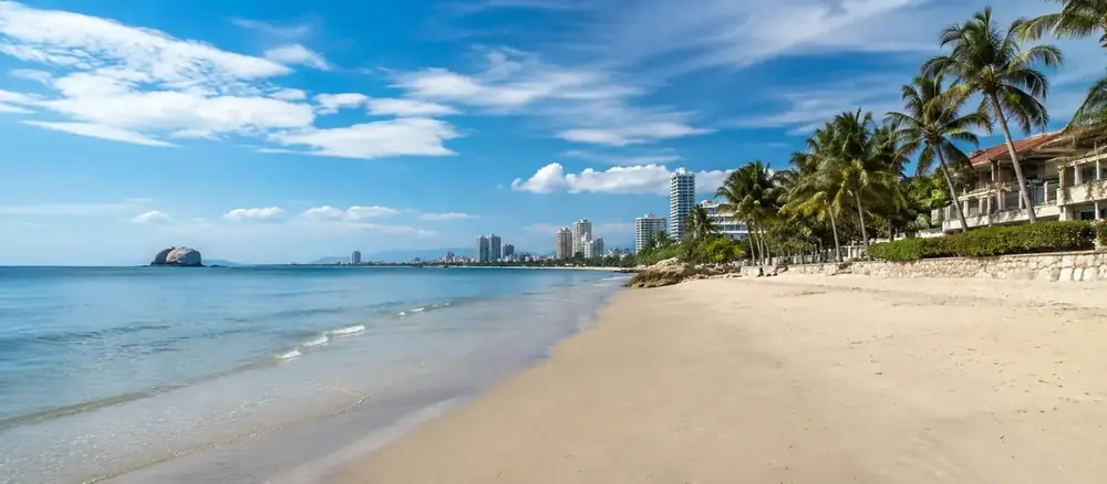 Palm trees along a quiet sandy beach with a coastal skyline in the distance, Thailand