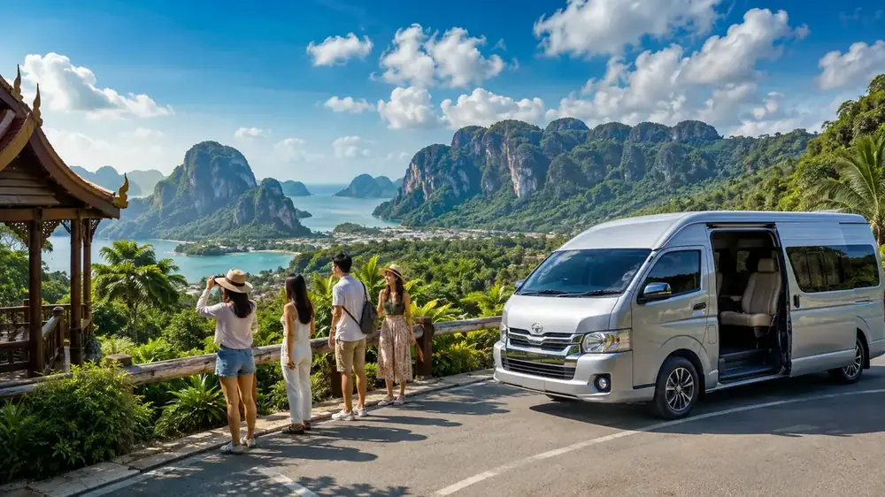 Travellers and a private van at a Krabi viewpoint